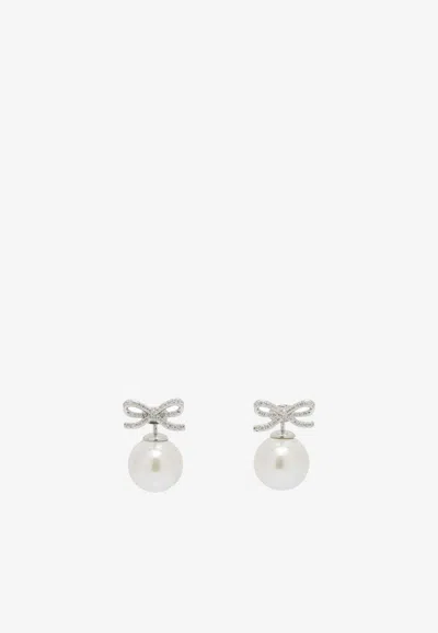 Self-portrait Crystal Bow Pearl Earrings In Metallic