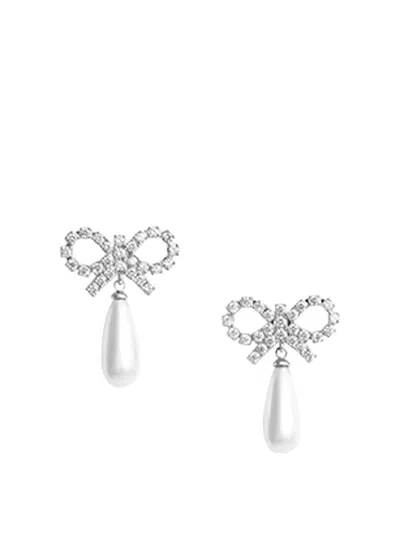 Self-portrait Crystal-embellished Bow Pearl Drop Earrings In Metallic