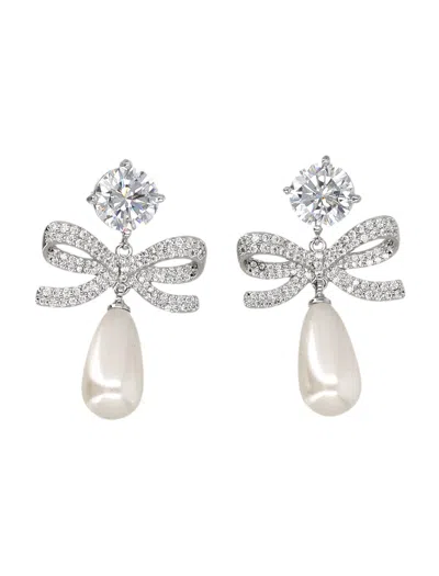 Self-portrait Crystal Bow Pearl Earrings In Silver
