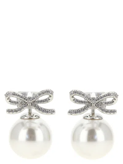 Self-portrait Crystal Bow Pearl Earrings In Silver