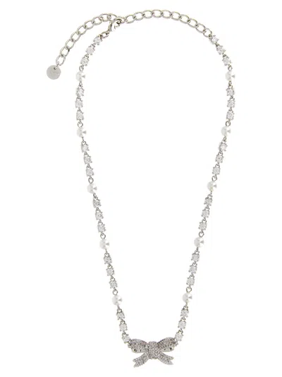 Self-portrait Crystal Bow Pearl Necklace In Silver