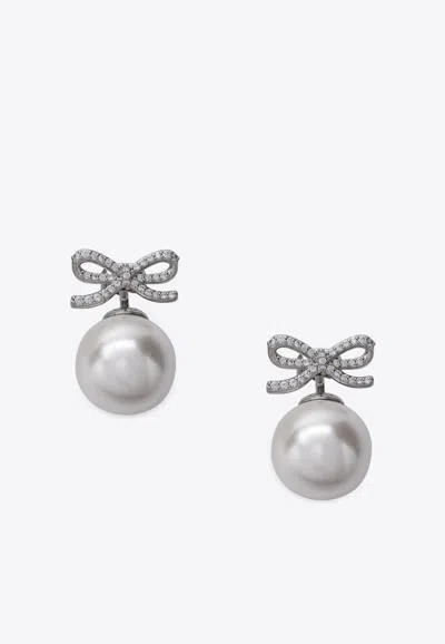 Self-portrait Crystal Bow Pearl Stud Earrings In Silver