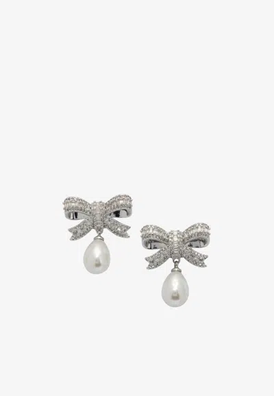Self-portrait Crystal Embellished Pearl Bow Earrings In Silver
