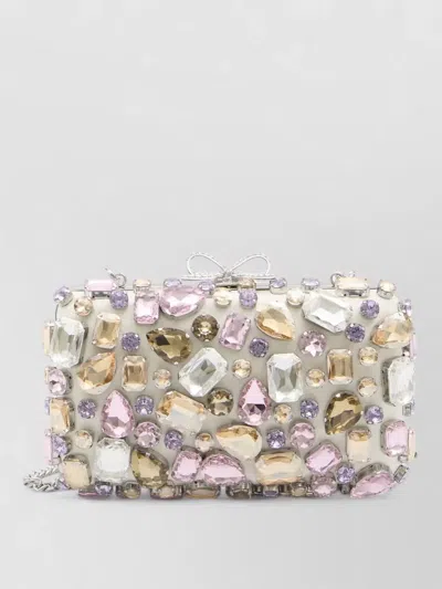 Self-portrait Crystal Embellished Satin Bow Clutch Bag In Neutral
