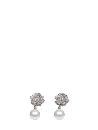 Self-portrait Crystal Flower Pearl Drop Earrings In Metallic