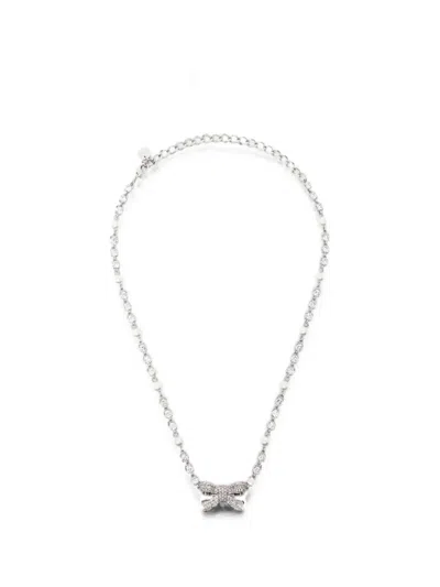 Self-portrait Crystal Pearl Bow Necklace In Gray