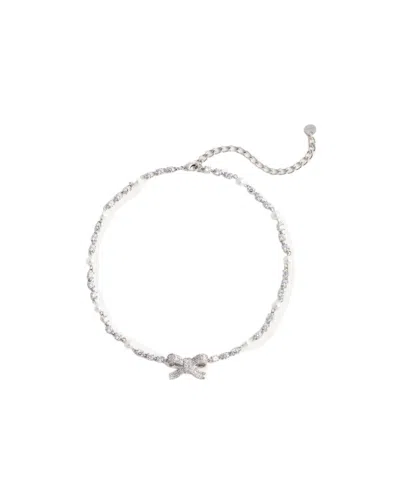 Self-portrait Crystal Pearl Bow Necklace In Silver