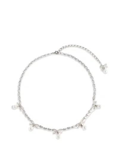 Self-portrait Crystal-bow Pearl-charm Necklace In Metallic