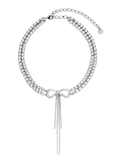 Self-portrait Crystal-embellished Bow Choker Necklace In Silver