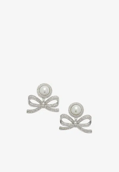 Self-portrait Crystal-embellished Bow Earrings In Silver