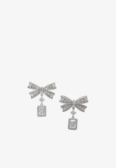 Self-portrait Crystal-embellished Bow Earrings In Silver
