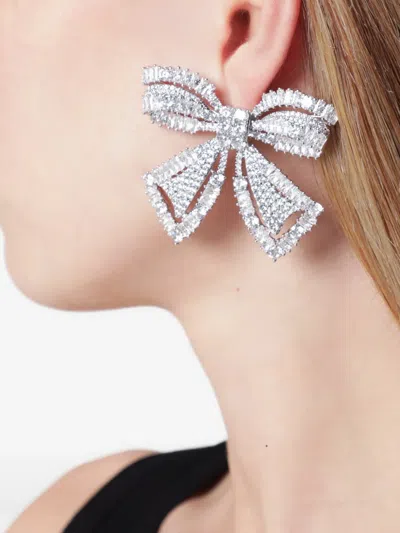 Self-portrait Crystal-embellished Bow Earrings In Silver