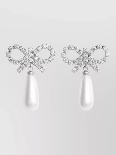 Self-portrait Crystal-embellished Bow Pearl Drop Earrings In Metallic