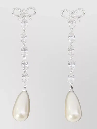 Self-portrait Crystal-embellished Bow Pearl Drop Earrings In Silver