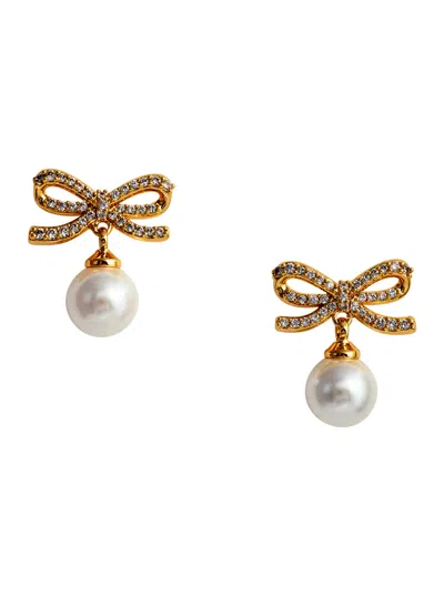 Self-portrait Crystal-embellished Bow With Pearl Earrings In Gold
