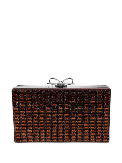 Self-portrait Crystal-embellished Bow-clasp Chainmail Clutch Bag In Brown