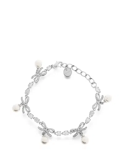 Self-portrait Crystal-embellished Bow-detail Bracelet In Silver