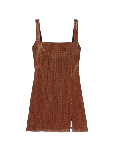 Self-portrait Crystal-embellished Chainmail Mini Dress In Brown