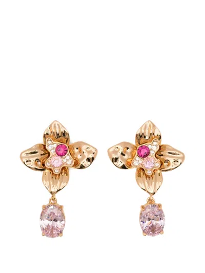 Self-portrait Crystal-embellished Floral Drop Earrings In Gold