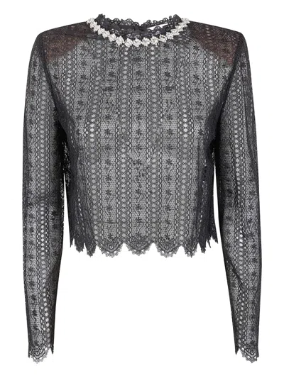 Self-portrait Black Organza Lace Crystal-embellished Top In Multi