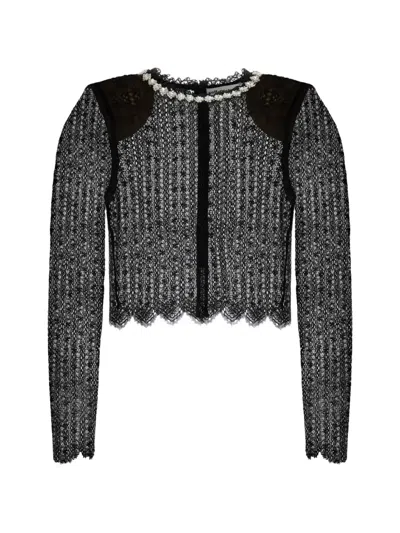 Self-portrait Rhinestones-embellished Long-sleeved Top In Black
