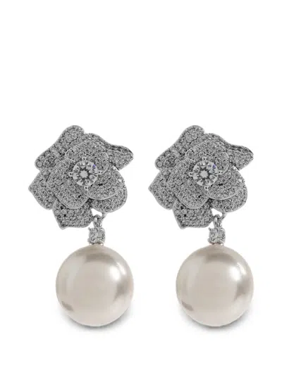 Self-portrait Crystal-embellished Pearl-drop Earrings In Metallic