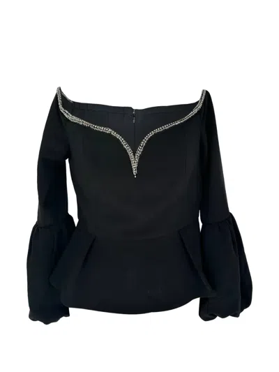 Pre-owned Self-portrait Crystal-embellished Puff-sleeve Top In Black