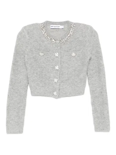 Self-portrait Crystal-embellished Ribbed-knit Cardigan In Gray