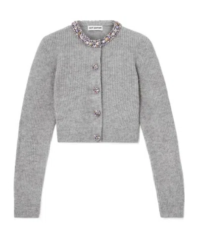 Self-portrait Crystal-embellished Ribbed-knit Cardigan In Gray