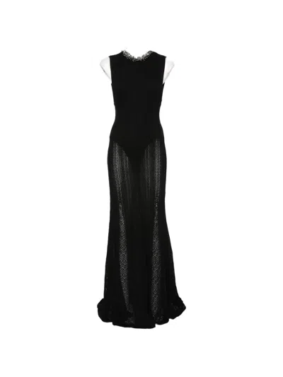 Self-portrait Crystal-embellished Ribbed-knit Maxi Dress In Black