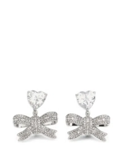 Self-portrait Crystal Bow Earrings Featuring Heart Stone In Metallic