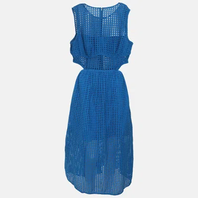 Pre-owned Self-portrait Cutout Broderie Anglaise Cotton Midi Dress M In Blue