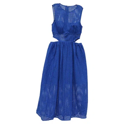 Pre-owned Self-portrait Cutout Broderie Anglaise Midi Dress In Blue Cotton