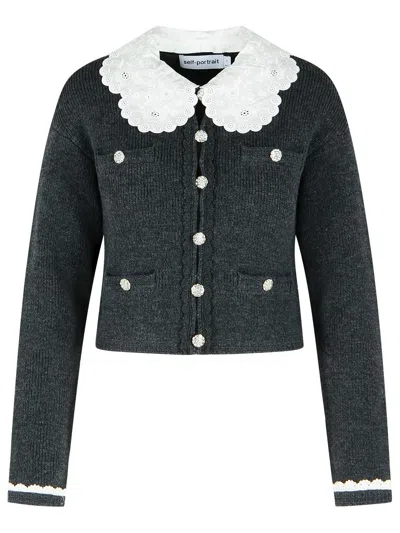 Self-portrait Dark Grey Wool Blend Crop Cardigan In Black