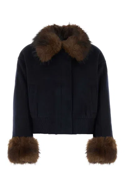 Self-portrait Self Portrait Navy Wool Fur Trim Jacket In Blue
