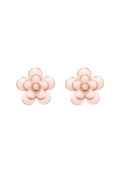 Self-portrait Delicate Floral Brass Earrings With Crystal Accents In Pink