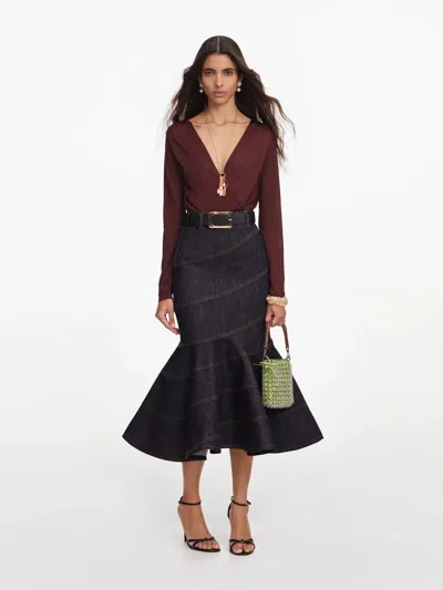 Self-portrait Denim Belted Midi Skirt In Multi