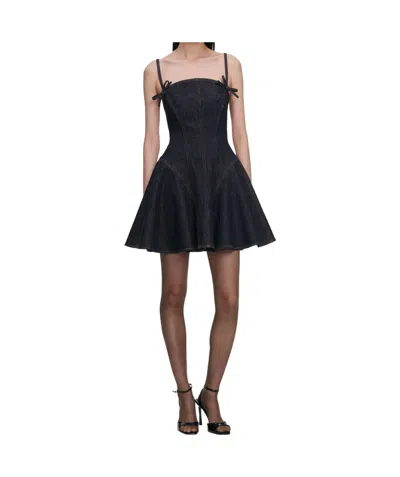 Self-portrait Denim Bow Mini Dress In Blue