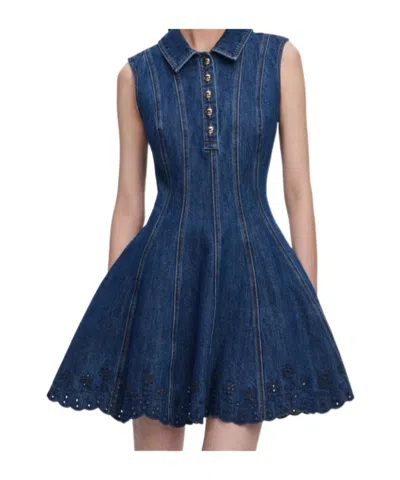 Self-portrait Paneled Broderie Anglaise Denim Mini Dress In Blue