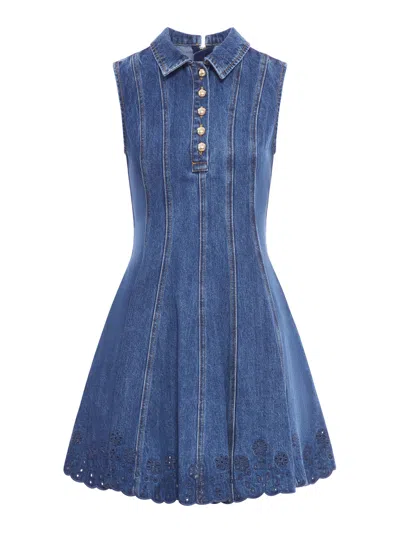 Self-portrait Paneled Broderie Anglaise Denim Mini Dress In Blue