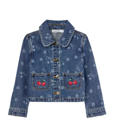 Self-portrait Kids' Denim Cherry Bow Printed Jacket In Blue