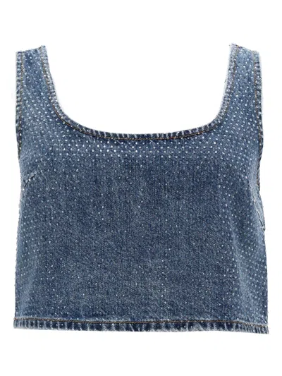 Self-portrait Self Portrait Denim Crop Top With Rhinestones In Blue