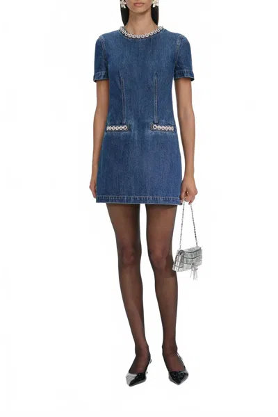 Self-portrait Denim Crystal Trim Mini Dress In Blue