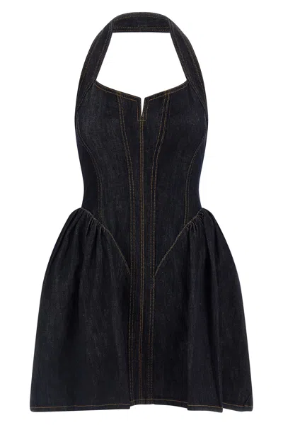 Self-portrait Denim Halterneck Flared Mini Dress In Black