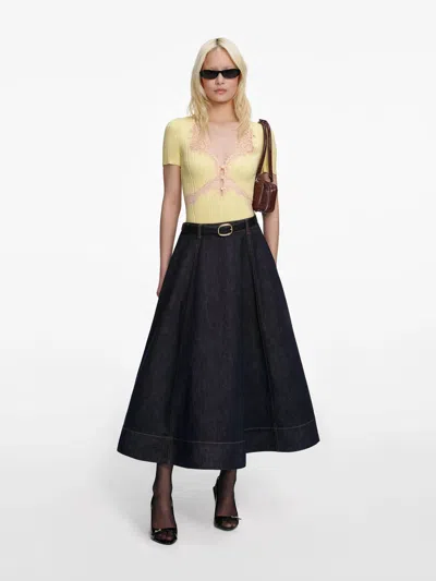 Self-portrait Denim Flared Midi Skirt In Black