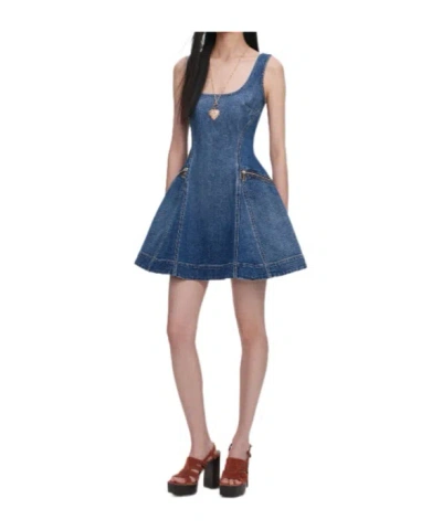 Self-portrait Denim Flared Mini Dress In Blue