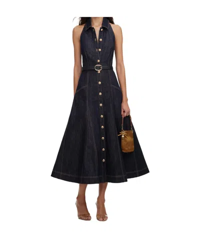 Self-portrait Womens Blue Halter-neck Belted Denim Midi Dress In Black