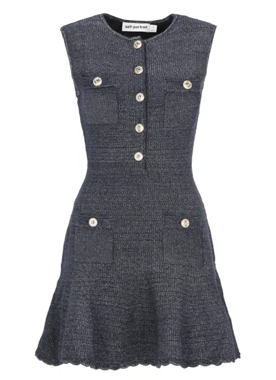 Self-portrait Denim Midi Dress With Jewel Buttons And Flared Skirt In Gray