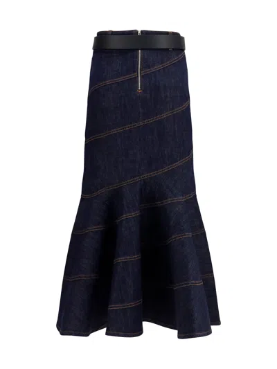 Self-portrait Denim Midi With Removable Belt Skirt In Blue