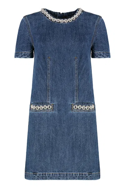 Self-portrait Denim Mini Dress With Crystal Embellishment In Multi